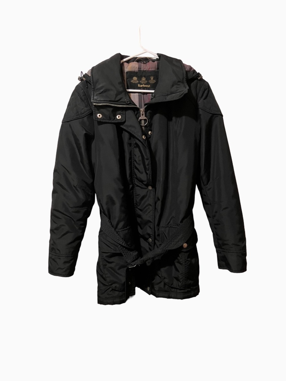 Barbour Belted Hooded Plaid lining quilted jacket Sz UK16 - Picture 5 of 6